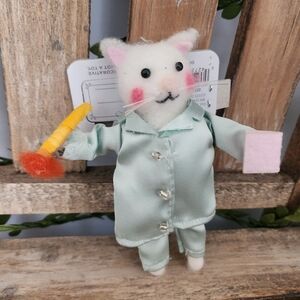 Plush White Picasso Cat Ornament in Mint Pajamas with Pink & Yellow Accents